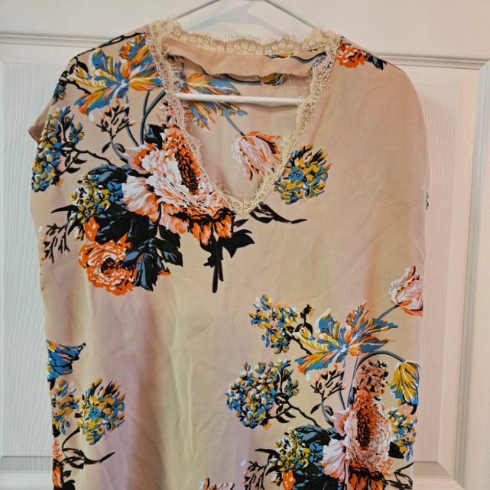 Cream Color Floral Blouse with Lace Trim